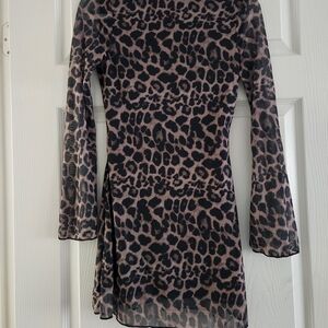 SHEIN Black and Brown Animal Print Bell Sleeve Mini Dress